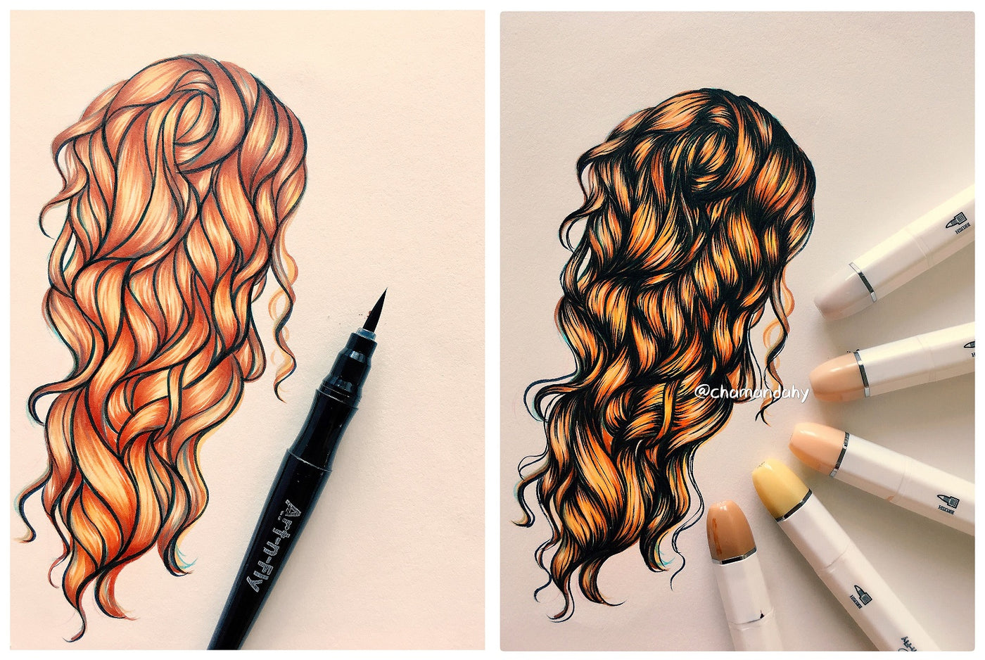 How to draw hair w/ Brush Markers and Brush Pens Drawing ArtnFly